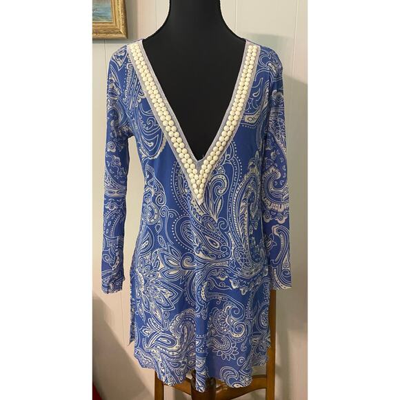 Weston‎ Wear Sheer Blue Paisley Bead Trim Deep V-Neck Beach Dress Swim Cover (L) - Picture 1 of 8